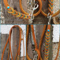 Fettlederleine in 8mm cognac, 2,20m, 3fach verstellbar mit türkiser Leder-Verzierung und Strasssteinen