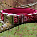 Halsband mit Metall-Klick und Metallschieber in beige mit Borte 'Lava bordeaux-rot-rosa' und Neopren in bordeaux