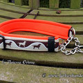 Halsband mit Zugstoppkette in 30mm creme mit Borte 'Labrador Edition 2012 - braun/beige' und Neopren in neonorange