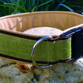 Halsband mit Klick in braun mit Borte ''Kreuze, gelbgrün-gold' und Leder in creme