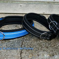 Halsbänder mit Klick. Gurtband mit Reflektorstreifen in blau und schwarz. Neopren in schwarz