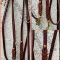 Fettlederleine in 8mm dunkelbraun, 2,20m, 3fach verstellbar mit cognacfarbiger Leder-Verzierung und Strasssteinen, Messingbeschläge