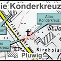 Standortskizze der beiden Konderkreuze. Das alte Konderkreuz steht im Gestrüpp und ist wohl im Lauf der Jahre in Vergessenheit geraten.