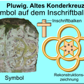 Pluwig. Altes Konderkreuz. Rekonstruktionszeichnung des Symbols auf dem Inschriftbalken des Kreuzes. (Der sechseckige Stern findet sich auch wieder im Sonnenmotiv-Glasfenster der Tür des Seitenschiffs von Johannes d.T.!)