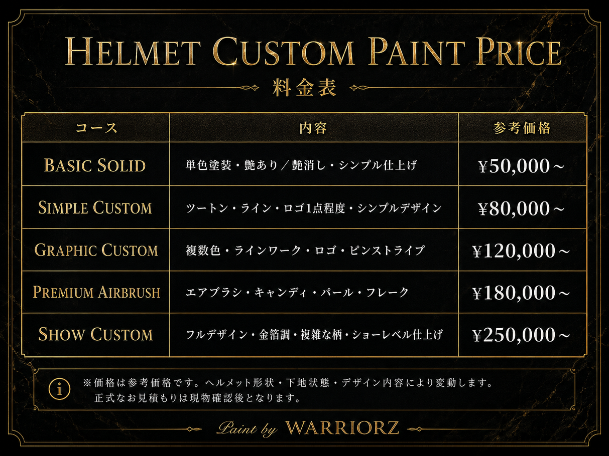 カスタムペイント他ヘルメット塗装料金表