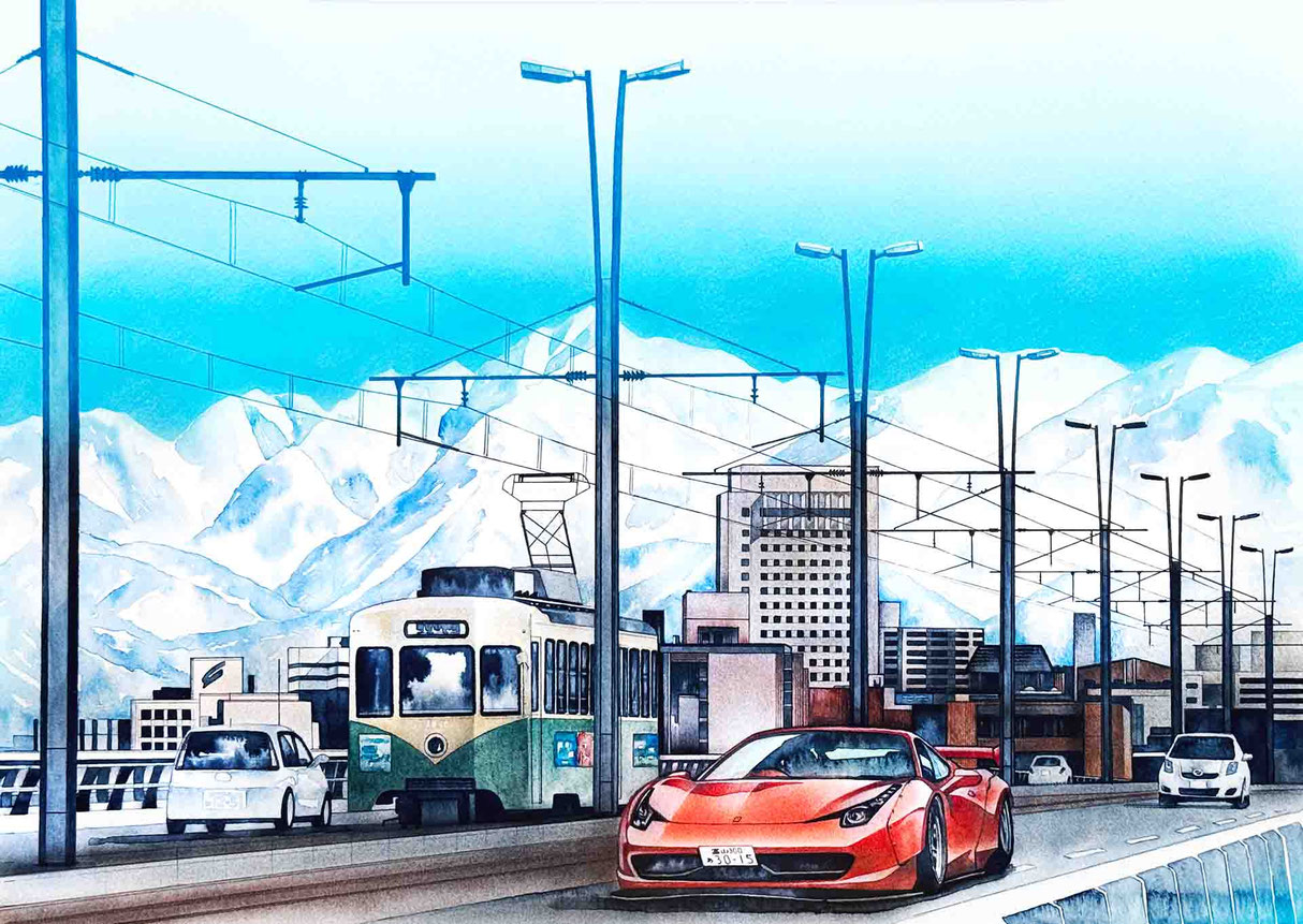 富山大橋とフェラーリの水彩イラスト