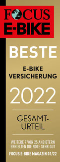 Focus E-Bike hat Wertgarantie als „Beste E-Bike-Versicherung“ ausgezeichnet. 