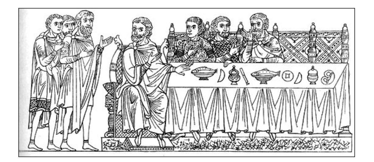 La miniature "Le festin d'Esther" nous prouve que l'on mangeait déjà des bretzels au XIIe siècle en Alsace, Hortus Deliciarum (1159-1175)