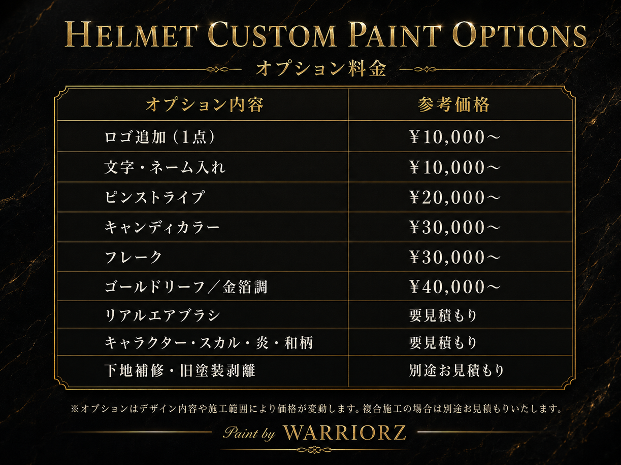カスタムペイントヘルメット、オプション料金表