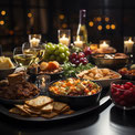 Atelier dégustation en pleine conscience au Pertuis – Table de fête dressée avec fruits, bougies et mets variés, illustrant l'éveil des sens et la présence à soi lors des séances de Gaëlle Pagès en Haute-Loire.