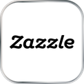 In einem quadratischen weißen Button mit silbernem Rand und abgerundeten Ecken steht in Scharz das Logo der Firma Zazzle.