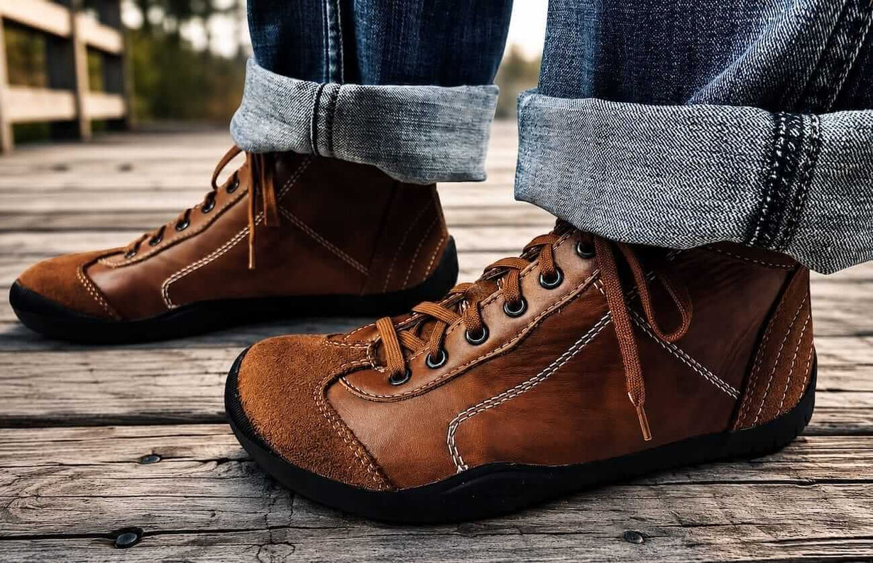 Braune halbhohe Leder Barfußschuhe Modell Retro von Senmotic