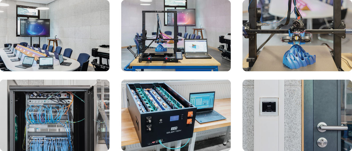 Hiberniaschule in Herne, Waldorfschule Ruhrgebiet, Waldorfschule, Elektrowerkstatt, Computerarbeitsplatz, 3D Drucker, Server, Batterie für Solaranlage, Elektroschalter mit digitalen Temeraturfühlern