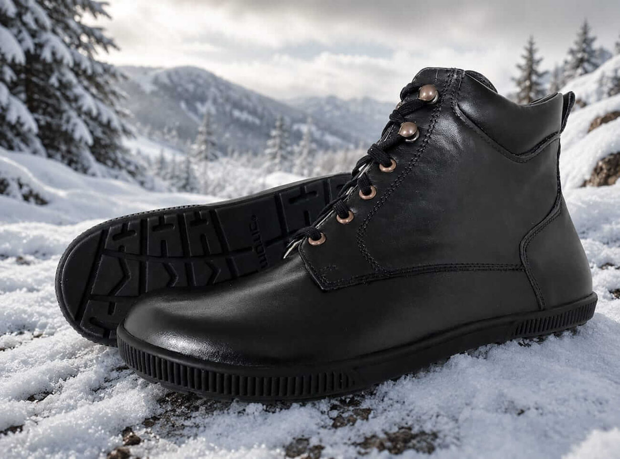 Barfußschuhe als Wanderstiefel aus schwarzem Leder mit Fütterung für den Winter