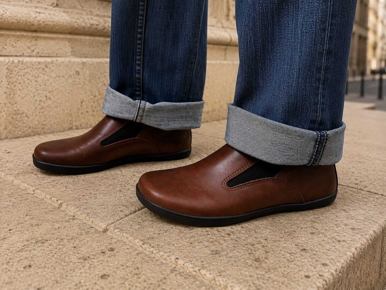 Barfußschuhe mit Gummizug zum Reinschlüpfen Leder Cognac