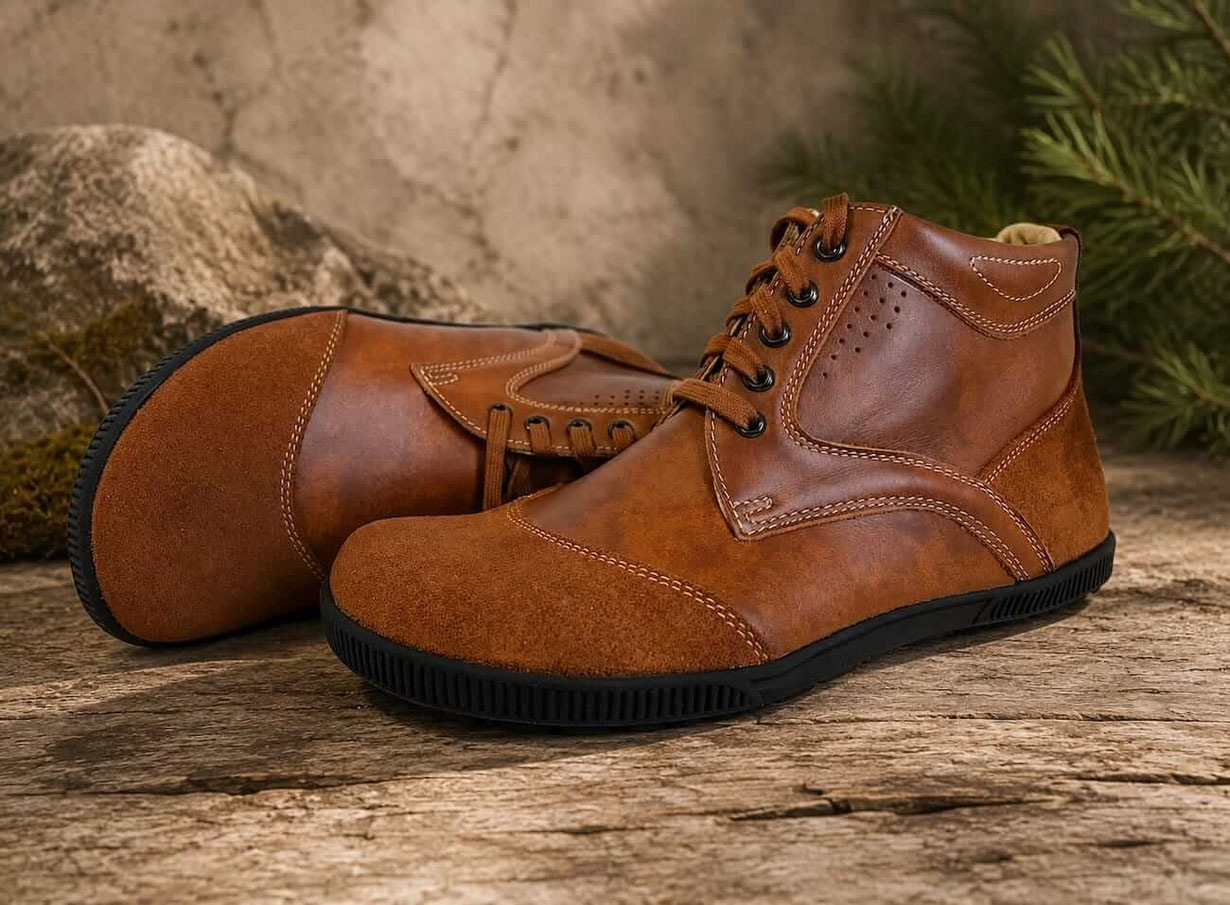Barfußschuhe Wanderstiefel aus camelfarbenen Leder mit camelfarbenen Nähten