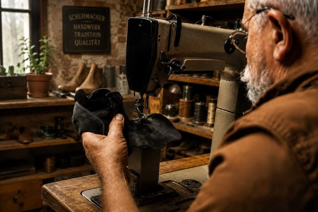 Schuhmacher aus deutscher Manufaktur näht Barfußschuh an der Nähmaschine