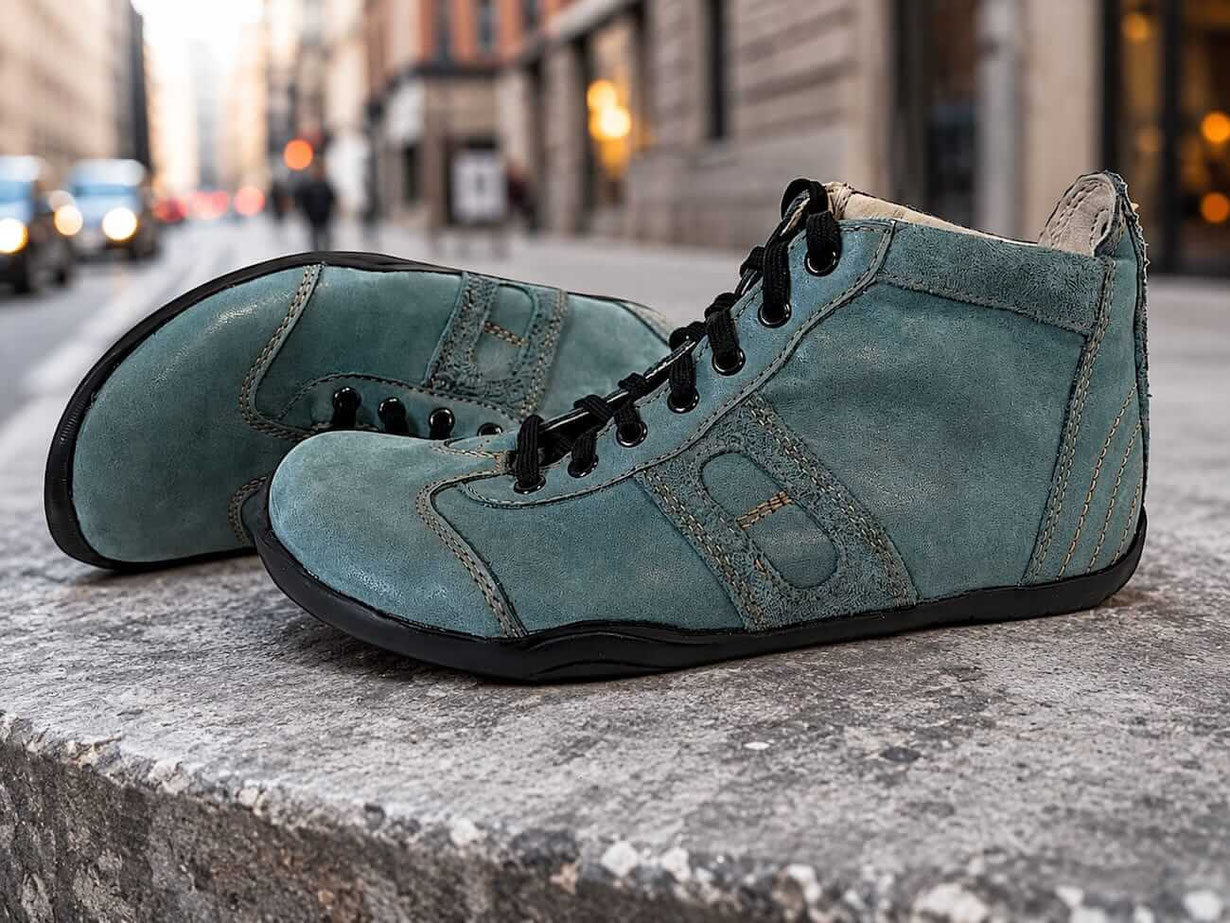 Barfußschuhe aus petrolfarbenen Leder mit schwarzen Senkeln und beigen Innenfutter