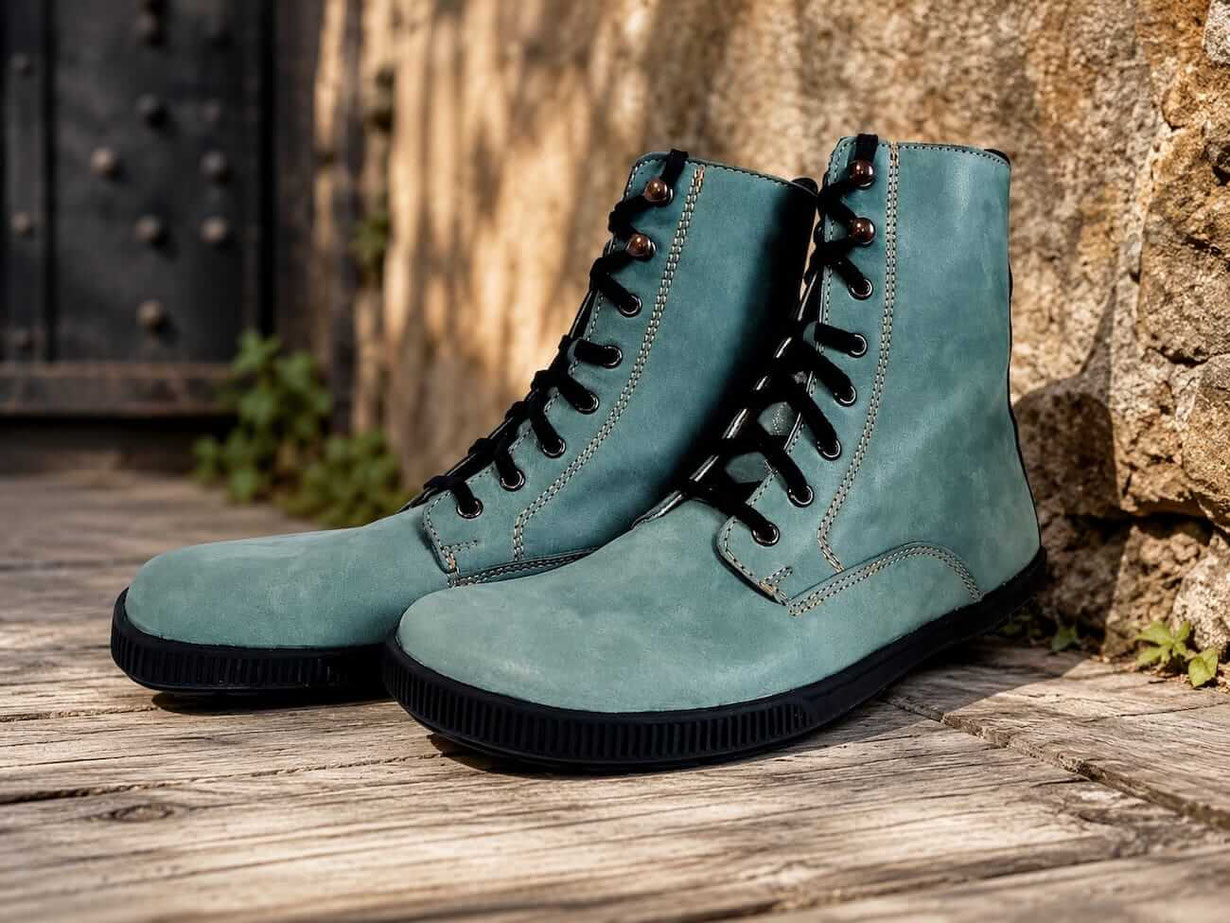 Barfußschuhe Damen Stiefel aus petrolfarbenen Leder mit orangen Nähten