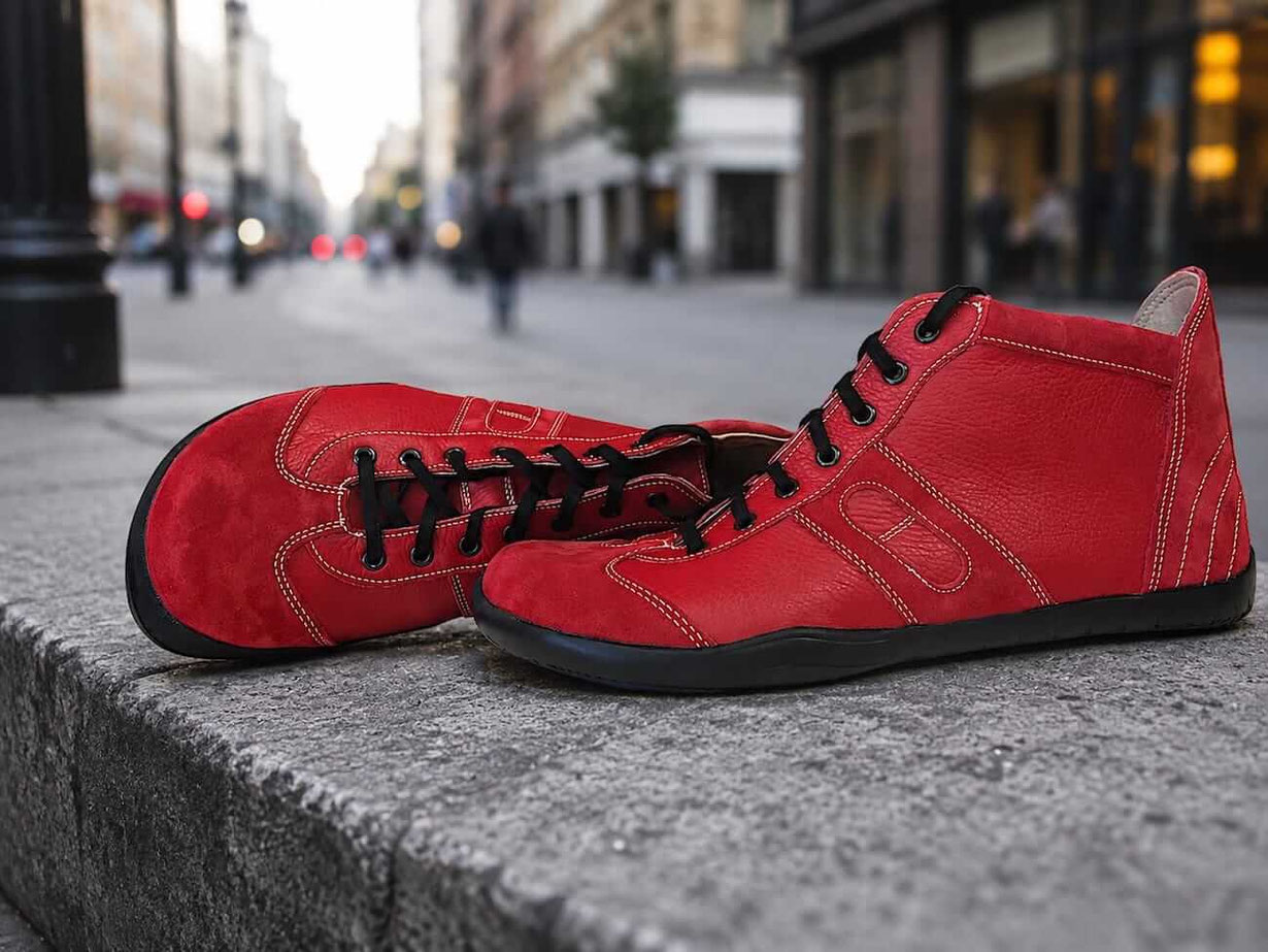 Knöchelhohe Barfußschuhe aus rotem Leder mit schwarzen Senkeln und beigen Innenfutter