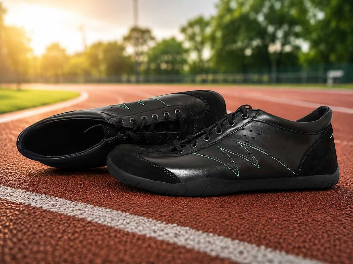 Barfußschuhe als Laufschuhe aus schwarzem Leder mit grünen Ziernähten und Minimaldämpfung
