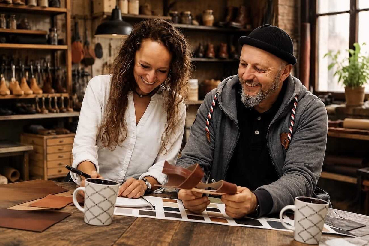 Sindy Bastek und Frank Demann sitzen an einem Schreibtisch im Büro und besprechen neue Schuhmodelle