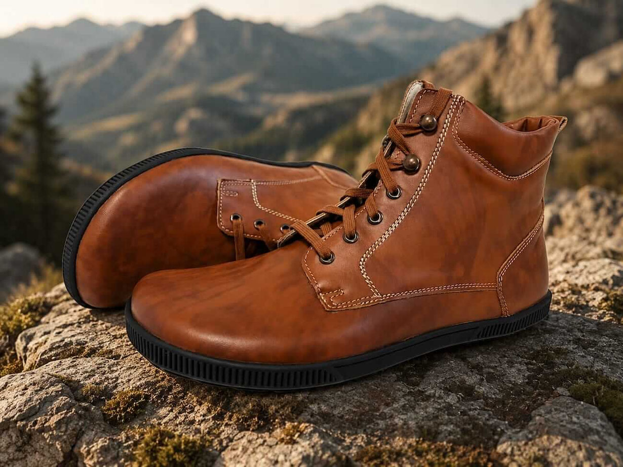 Barfußschuhe als Wanderstiefel aus camelfarbenen Leder mit beigen Nähten und schwarzen Senkeln