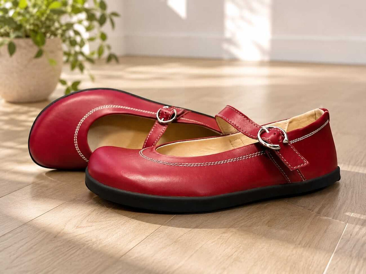 Barfußschuhe Ballerinas Damen aus bordeauxfarbenen Rindsleder mit weißen Nähten und Riemen