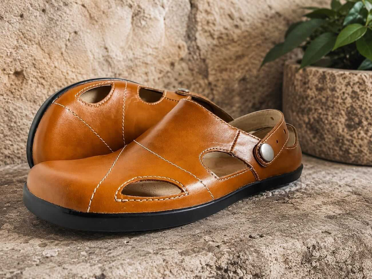 Clogs aus braunem Leder und schwarzer Sohle als Barfußschuhe