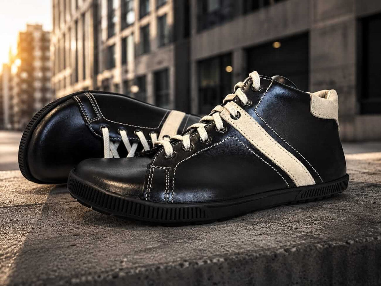 Deutsche Manufaktur Barfußschuhe aus schwarzem Leder mit beigen Streifen