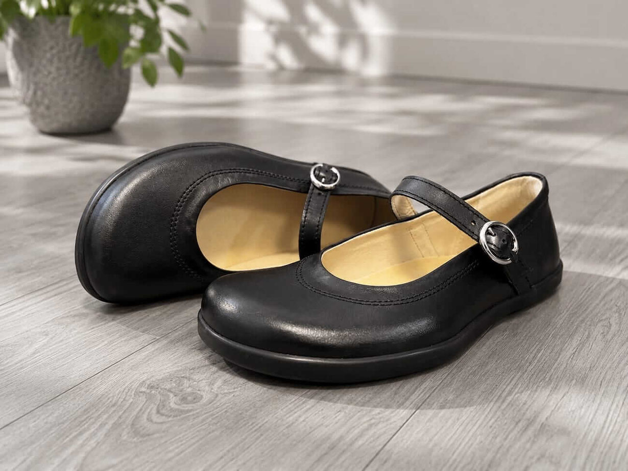 Barfußschuhe Ballerinas Damen aus schwarzem Rindsleder mit schwarzen Nähten und Riemen