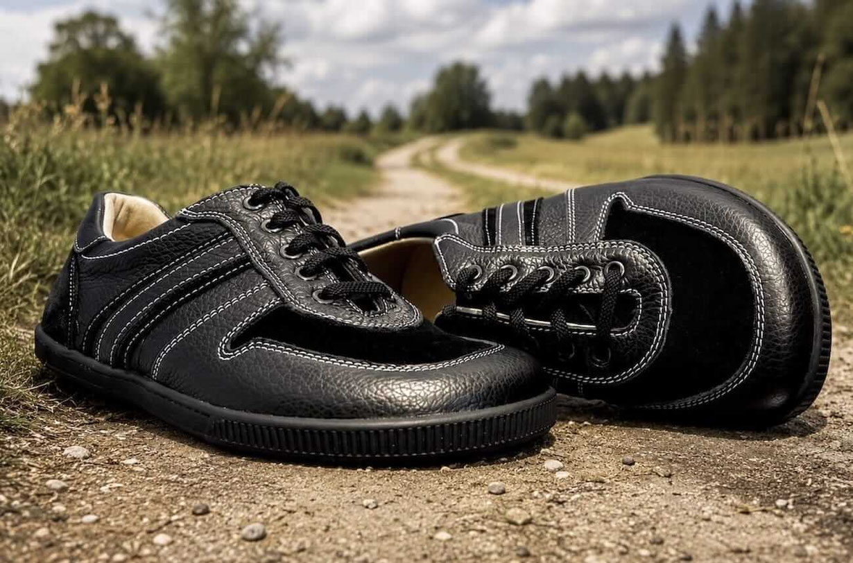 Barfußschuhe Wanderschuhe aus schwarzen Leder mit weißen Nähten