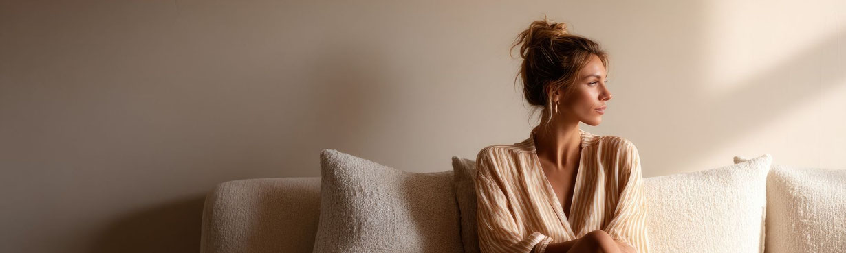Eine Frau sitzt auf einem hellen Sofa im warmen Licht und blickt ruhig zur Seite. Die Szene wirkt still, zentriert und vermittelt innere Klarheit.