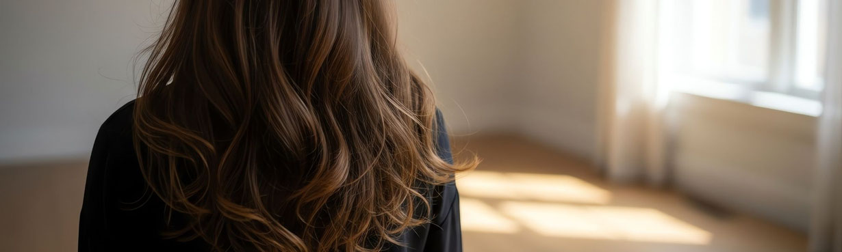 Ruhige Rückenansicht einer Frau in einem weiten, warmen Raum. Das weiche Licht und der stille Moment symbolisieren inneren Wandel, Selbstbildentwicklung und die Rückkehr zur eigenen Wahrheit.