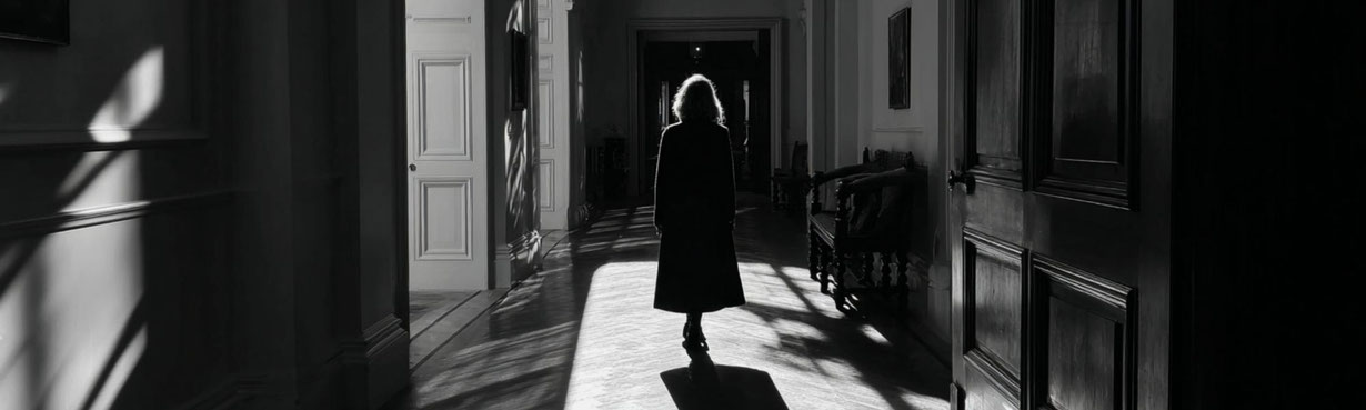 Silhouette einer Frau in einem lichtdurchfluteten Flur – Symbol für innere Wandlung, Bewusstheit und den Übergang von Erfolg zur eigenen Essenz.