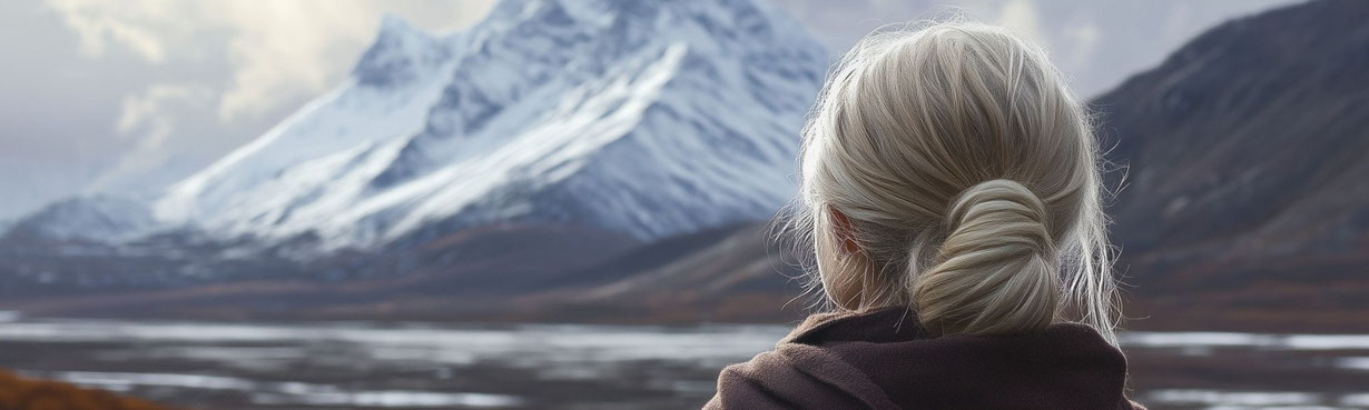 Ruhige Rückenansicht einer Frau vor einer weiten Berglandschaft. Ein stiller Moment der inneren Klarheit, Selbstführung und Neuorientierung – passend zu Themen wie Übergang, Lebenskapitel, Bewusstsein und innere Weite.
