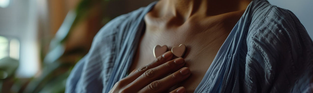 Frau in stiller Selbstberührung, Hand auf dem Brustraum, warmes weiches Licht, ruhige Innenkehr und tiefe Verkörperung.