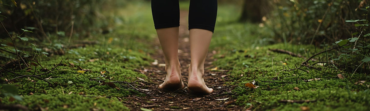 Barfüßige Schritte einer Frau auf einem weichen Waldweg, umgeben von Moos und Natur – ein stiller Moment innerer Ausrichtung und Klarheit.