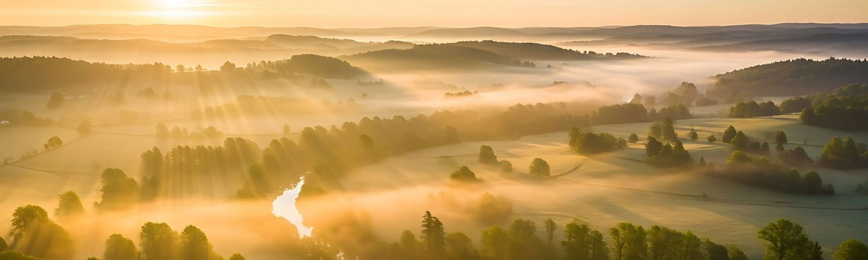 Sanfte Morgenlandschaft mit weiten Hügeln, goldenem Licht und feinem Nebel, der über Felder und einen ruhigen Fluss zieht. Eine Szene, die innere Klarheit, Weite und Orientierung spürbar macht.