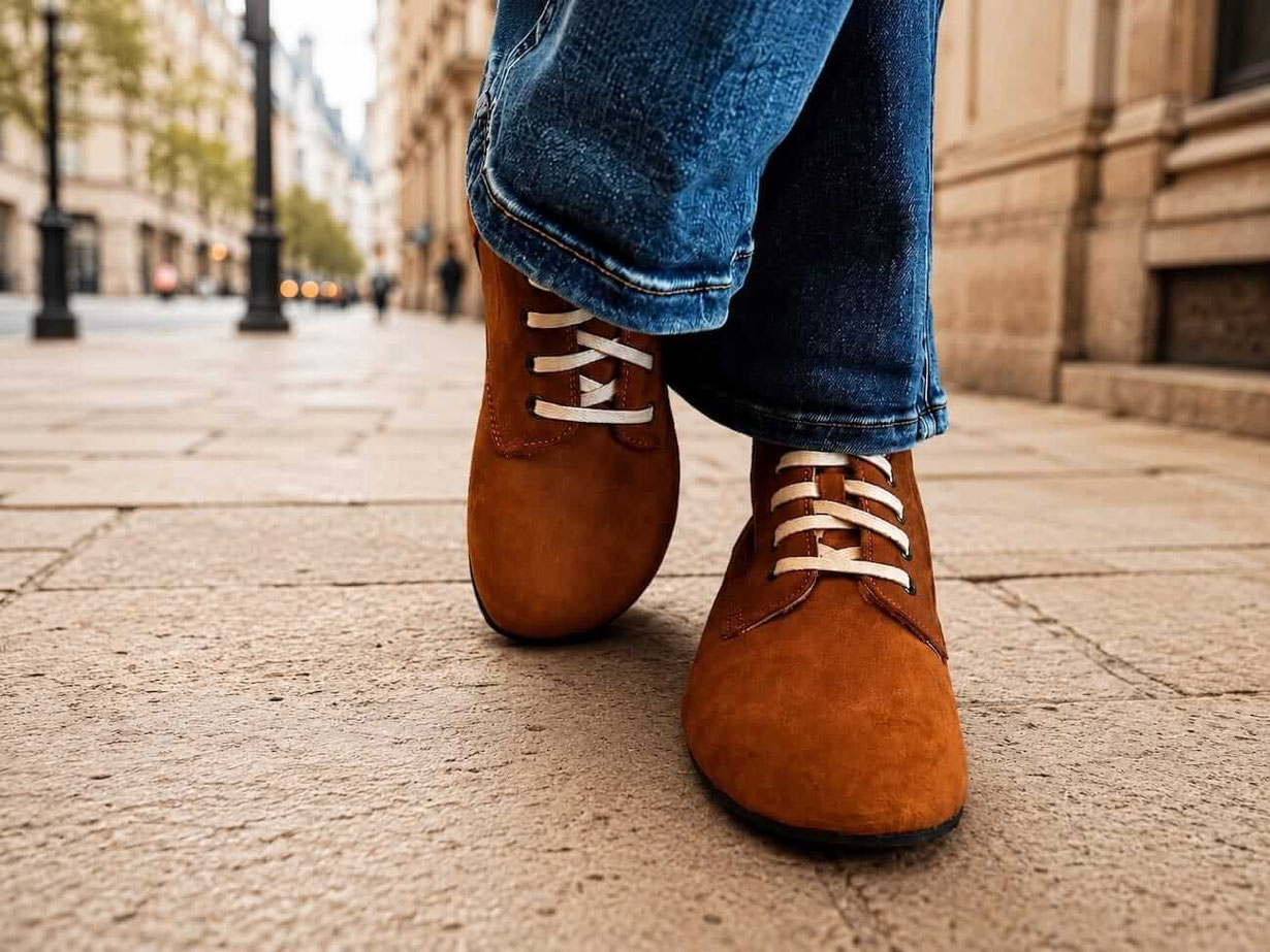 Deutsche Pure Barfußschuhe aus braunem Leder an den Füßen