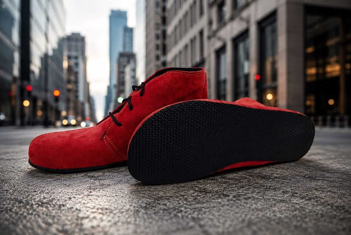 Handgefertigte Deutsche Barfußschuhe aus rotem Wildleder mit 3 mm Naturkautschuksohle