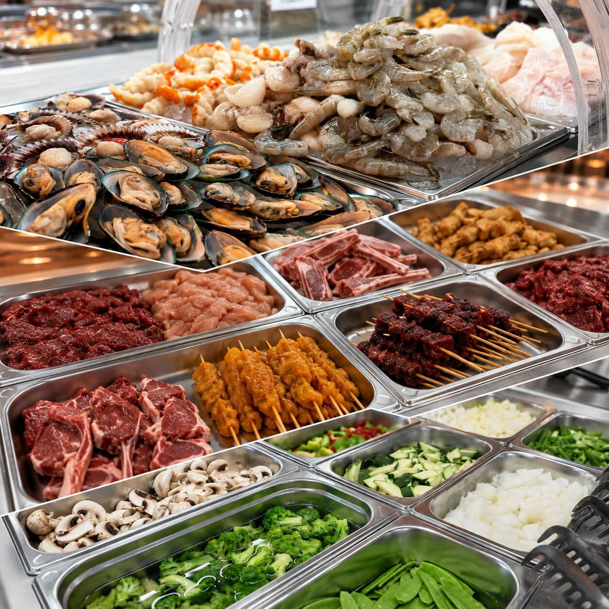 Teppanyaki-Buffet mit Garnelen, Muscheln, Fleisch und frischem Gemüse