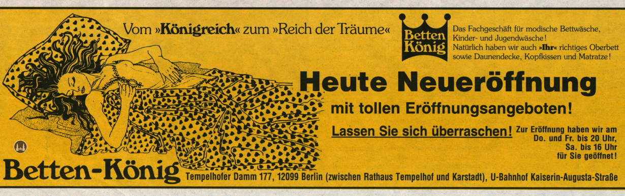 Zeitungsannonce zur Eröffnung der Filiale Tempelhofer Damm.