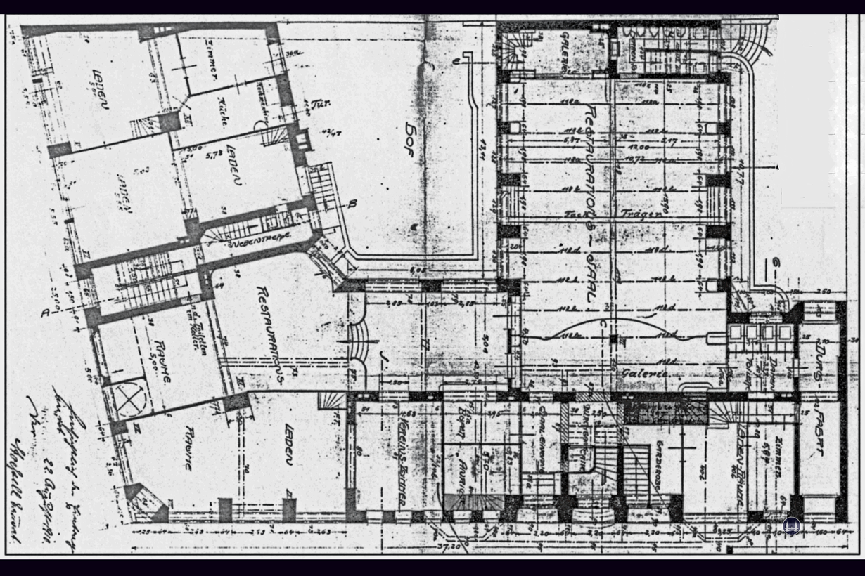 Taut-Haus Kottbusser Damm Ecke Bürknerstraße. Grundriss der Kottbusser Klause und des Ballsaals.