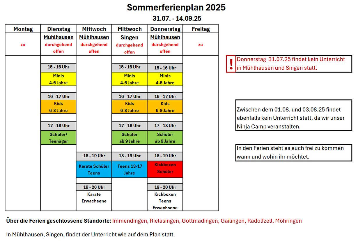 Ferienplan Karate Team Hegau, KW 24 und KW25. Zu sehen sind Wochenplan von Montag bis Samstag