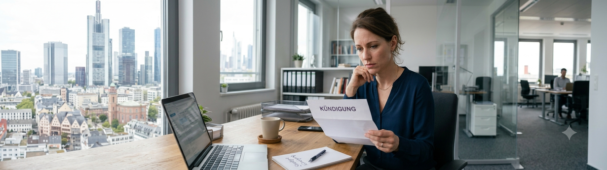 Eine besorgte Arbeitnehmerin sitzt am Schreibtisch im Büro und liest ein Kündigungsschreiben mit der Aufschrift „Kündigung“. Neben ihr stehen ein aufgeklappter Laptop und ein Notizblock.