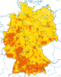 Karte zur Verbreitung des Hausrotschwanzes in Deutschland im Sommer.