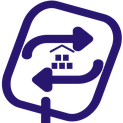 Symbol mit zwei Pfeilen, die in entgegengesetzte Richtungen zeigen, um ein Haus mit fünf Fenstern, umgeben von einem abgerundeten Rahmen