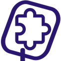 Dunkel Lila umrandetes stilisiertes Puzzle-Teil-Symbol umgeben von einem abgerundeten Rahmen