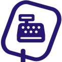Symbol einer Registrierkasse in dunklem Lila umgeben von einem abgerundeten Rahmen